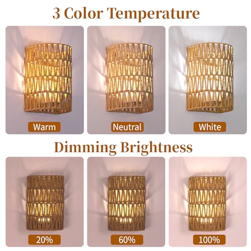 Image of FINCMY Boho Wall Decor Rechargeable Wall Sconce, 18 RGB Colors Dimmable Wireless Wall Lights Battery Operated Wall Sconce for Bedroom Living Room Hallway, Natural Hemp Rope Boho Decor