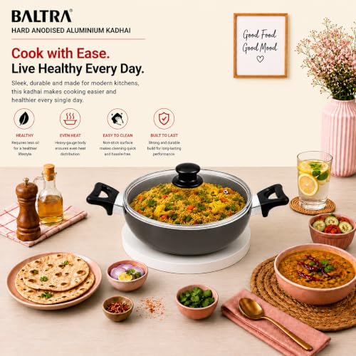 Image of BALTRA 5L Induction Base Hard Anodised Aluminium Kadhai with Lid | Durable, Even Heating, Scratch-Resistant Cookware kadai 3mm Thick (28 cm, Black)
