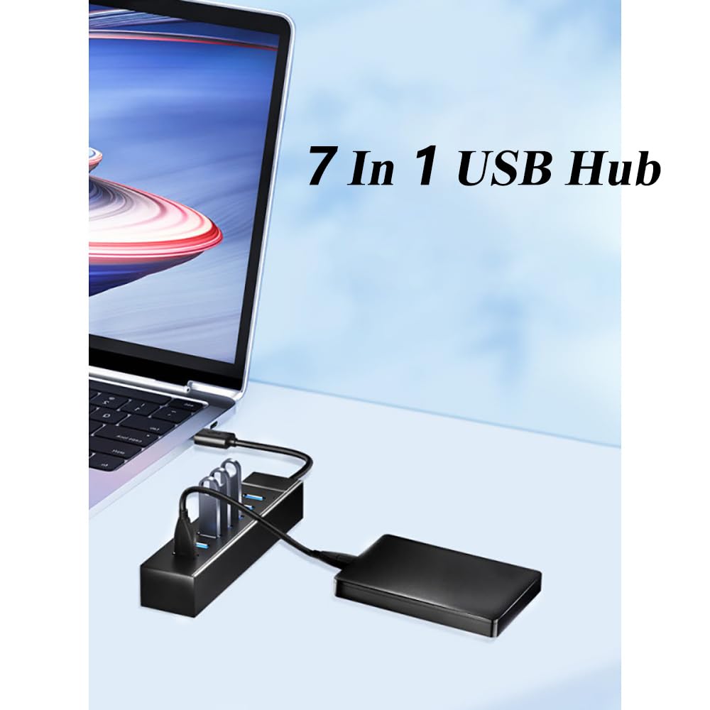 Hub USB a 7 porte, hub USB multiplo con indicatore luminoso, adattatore USB ad alta velocità di trasmissione dati, compatibile con mouse, tastiera, stampante, Windows, MacOS, Linux
