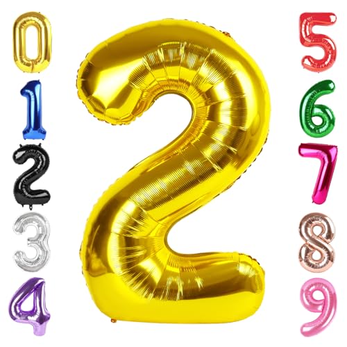 Image of 40 Inch Gold Number 2 Balloon Birthday Party Decorations for Men & Women | 40 Inch Gold inflatable foil number balloons, large birthday decorations for 2nd birthday