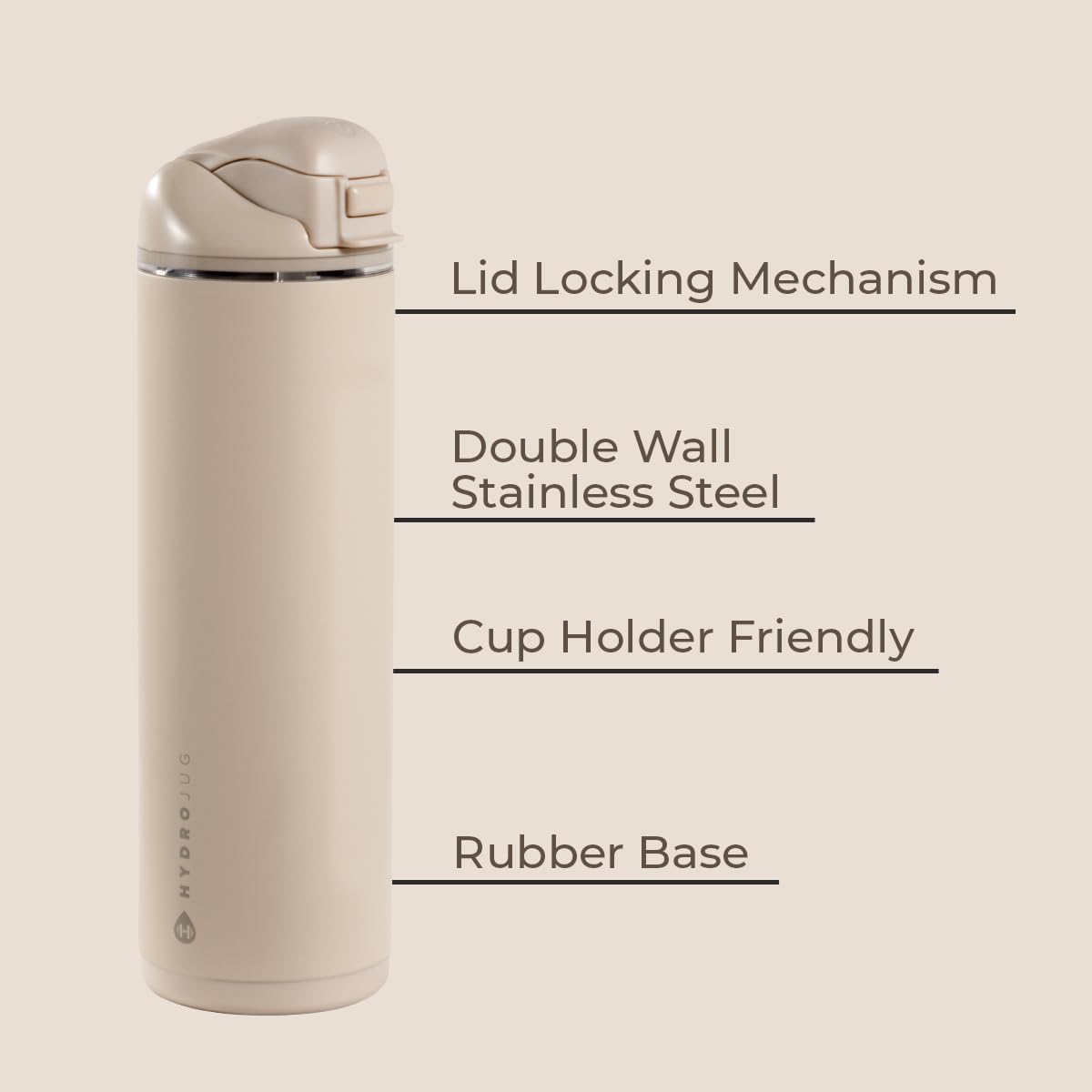 HydroJug Ease2o Water Bottle with Straw & Chug Lid, Stainless Steel, Vented Cap to Help Reduce Pressure, Water-Level Window, Cup Holder Friendly, Non-Slip Base – 24oz, Dune