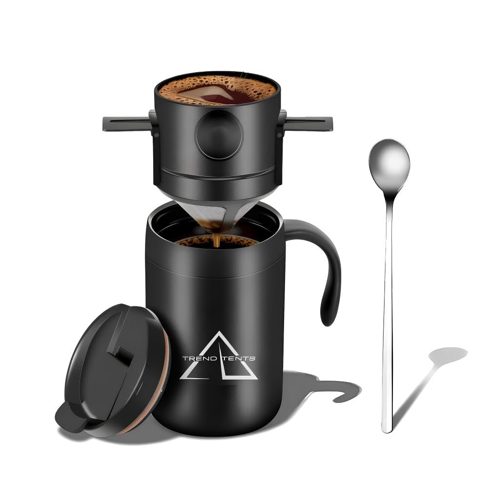 2-in-1 Detachable Pour Over Coffee Kit - 500ml(16oz) Travel Mug with Removable Filter &amp; Spoon, Insulated Camping Coffee Maker for Hiking Travel (Black-16oz)