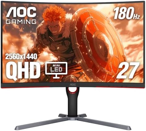 AOC Q27G3XMN 27" Mini LED Gaming Monitor, 2K QHD 2560x1440, 180Hz 1ms, 2X HDMI 2.0, 2X Display Port, Height Adjustable, Xbox/PS5/Switch Ready, 3-Year Zero-Bright-dot