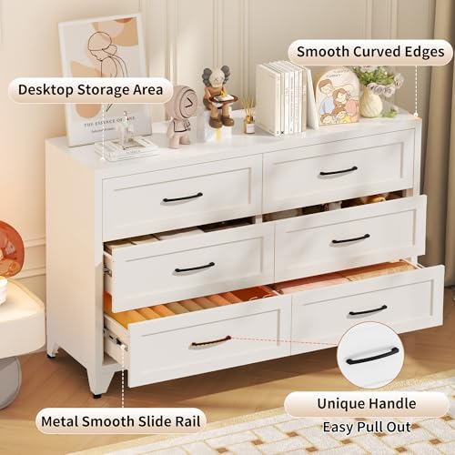 Image of Dresser for Bedroom, Chest of Drawers, 6 Drawers Metal Dresser with Anti-Tipping Device, White Bedroom Dresser for Living Room, Entryway, Hallway