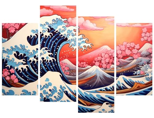 Peinture Diamant 5D Complet Lot de 4 Grand Format Vagues et Cerisier 160x107cm S-2