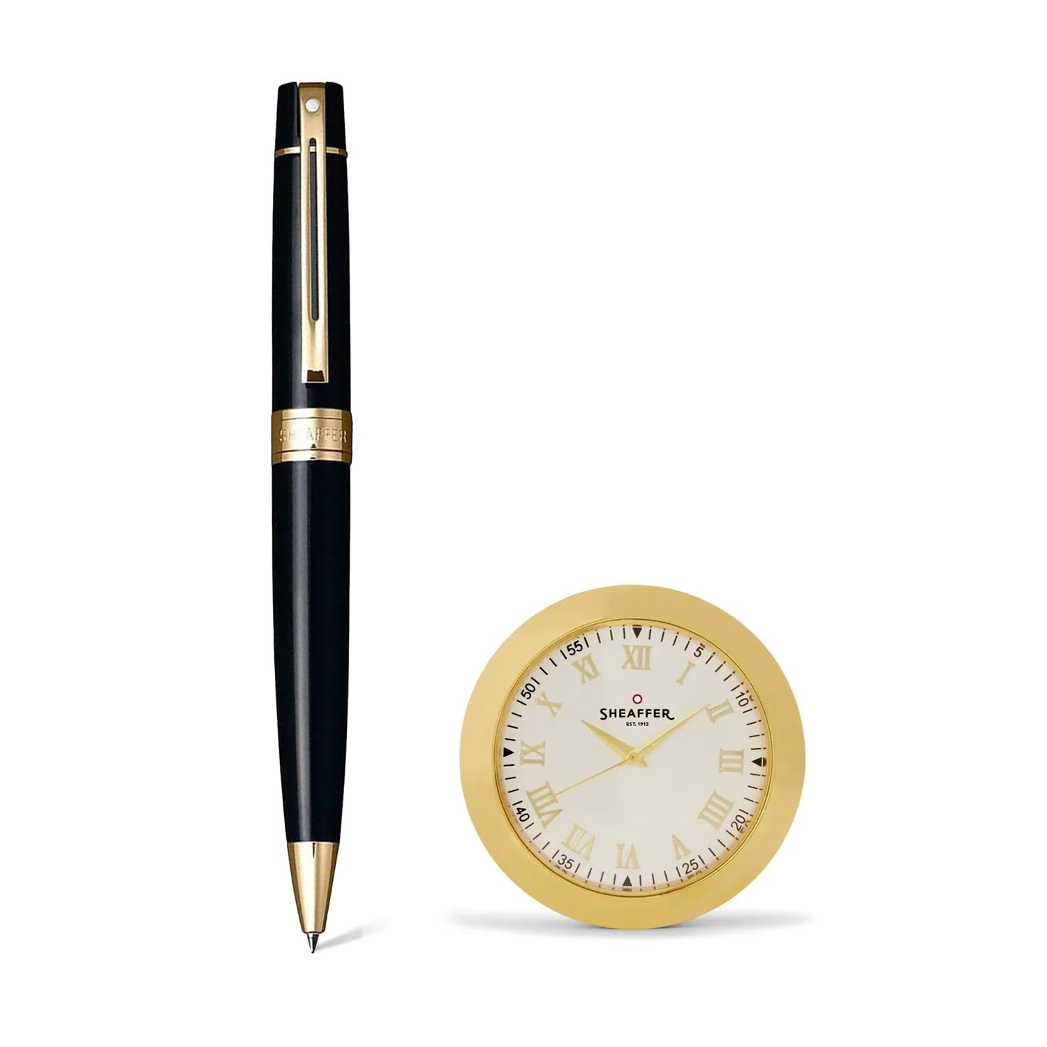 SheafferGift Set 300 Ballpoint Pen With Table Clock Glossy Black With Gold Trims