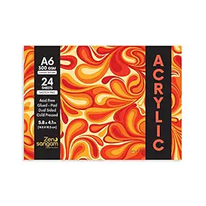 Zen Sangam Artists A6 Acrylics Glued Sketch Paper Pad - 300 GSM - Cold Pressed - (24 Sheets) - Canvas Texture Surface - 10.5x14.8cm - For Acrylics, Tempera, Poster Paint, Heavy-body Paints,Oil Paints