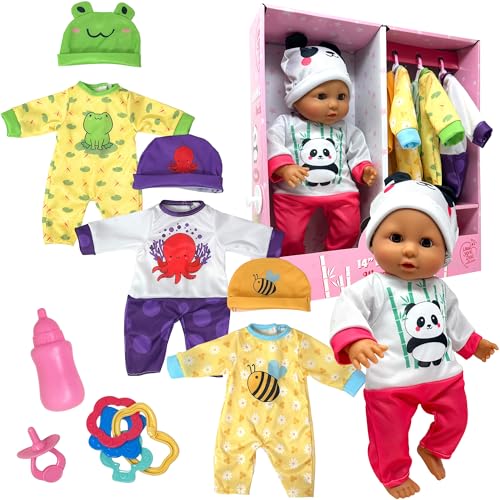 Soft Body Baby Doll with Accessories & 4 Sets of Animal Outfits, Realistic Baby Doll with Clothes & Toys, 14 Inch Baby Doll Play Set Wardrobe Closet, Baby Dolls for Girls, Gift for 3 4 5 Year Old