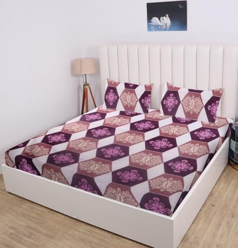 Image of RD TREND 360 Fitted Bedsheets Double Size 72x60x8 Inch, Solid Elastic Bedsheets for Queen Size Bed with 2 Pillow Covers-18x28 Inch (Purple), 210 TC
