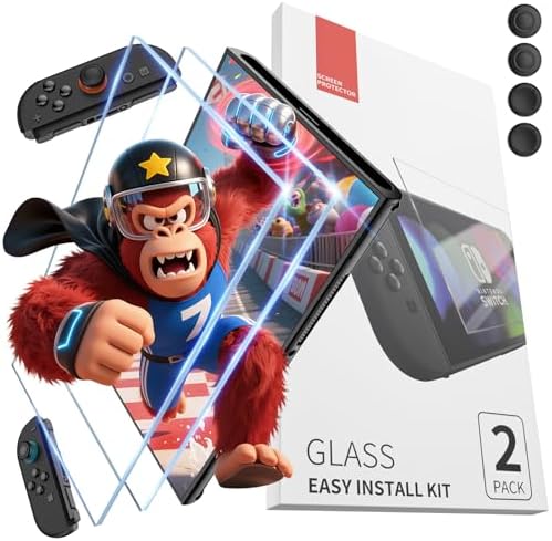 CloudValley Switch 2用フィルム 取り付けキット付き Nintendo Switch 2対応 ガラスフィルム 指紋防止 液晶保護フィルム 9H硬度 気泡防止 バンプ防止 高感度タッチ 2枚入りSwitch用ジョイスティックエミュレーションキャップブラック2ペア付き