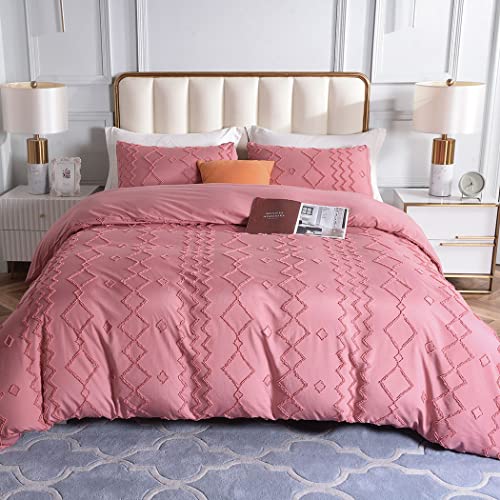Lekesky Pink Bedding Duvet Cover Queen Size, Boho Tufted Duvet Cover Queen For Girl, 3Pc Ultra Soft Microfiber Breathable Shabby Chic Bedding Sets With Zipper Ties For All Seasons #TOP25