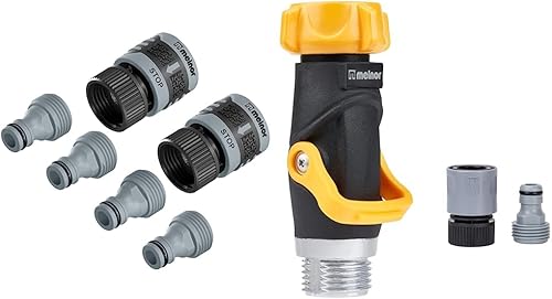 Melnor 65175AMZ - Juego de conectores de conexión rápida de 6 piezas, negro, azul y 65171AMZ paquete de conectores de válvula de flujo de palanca,