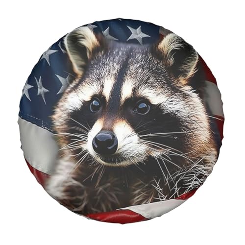 Image of Raccoon Flag Spare Tire Cover for Rv Trailer Camper Truck SUV - Cute Raccoon Animal Wheel Protectors Cover Waterproof Fabric for Travel Camping Outdoor,Universal Fit,14 inch