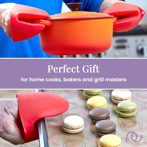 Image of Frenchware Silicone Oven Mittens, 1 Pair, Baking Gloves, Finger Grips, Red | Heat Resistant Pot Holders for Kitchen, Vessel Holding and Baking Accessory