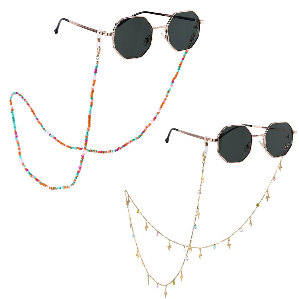 Bohend bohemio Talón Cadenas de gafas 2 piezas perlas Cadena de máscara facial Relámpago cadena de anteojos Accesorios de cadena de gafas de sol para mujeres y niñas