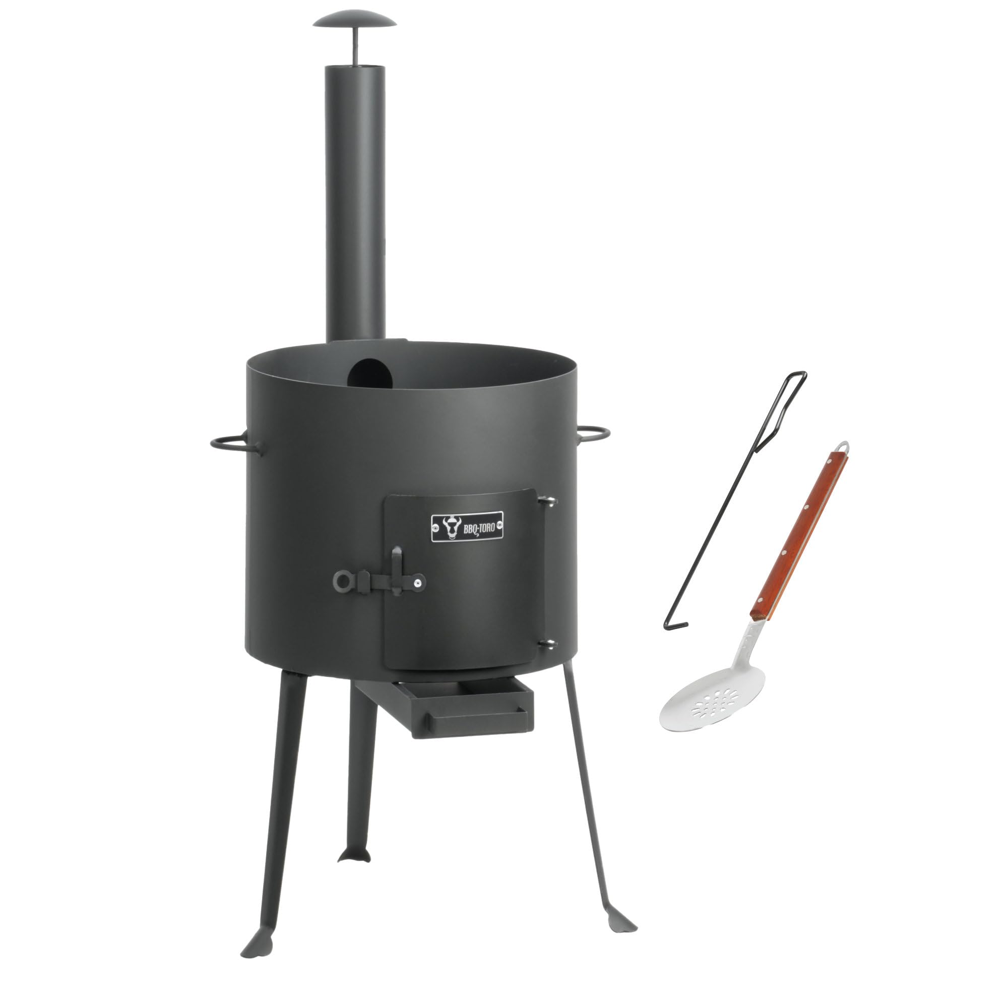 BBQ-Toro Kazan Stove Ø 34 cm | Goulash Kettle with Skimmer and Fire Poker | Outdoor Stove with Chimney Pipe | Fire Pit, Stew Cooker, Kazan Stand, Utschak, Tripod for Wood and Charcoal Cooking