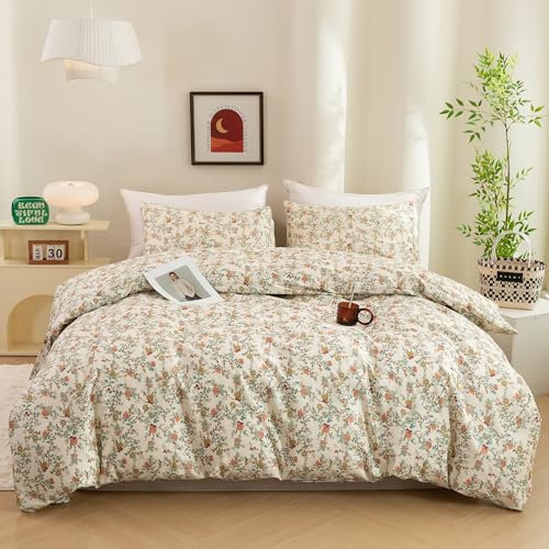 ECOCOTT Floral Duvet Cover Queen Size – 3 Piece 100% Washed Cotton Bedding Set with Zipper Closure, Soft Lightweight Breathable Botanical Print Comforter Cover for Spring Summer Bedroom Decor