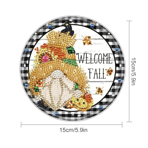 Image of AiYuanzsh Welcome Fall Diamond Painting Hanging Kit, DIY Gnome Crystal Acrylic Pendant Ornament, 5D Diamond Art Hanging for Adults, Autumn Thanksgiving Wall, Window, Door Decoration