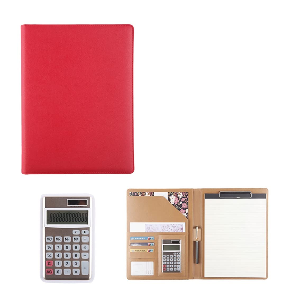 Classeur Portfolio A4, Portefeuille A4 en Cuir synthétique avec Pochette for Calculatrice, Ordinateur Portable, Tablette, Marron et Rouge(Red)