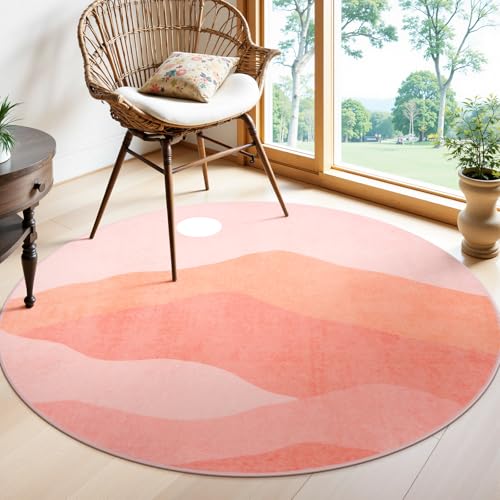 Image of Sungea Pink Round Rugs, 4Ft Soft Nursery Rug Non Slip Washable Circle Rug, Modern Mountain Playroom Mat Sunrise Sunset Round Carpet for Kids Room Entryway Bedroom Living Room Dorm