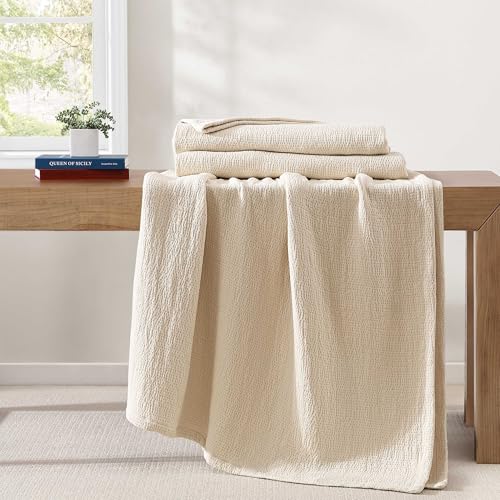 Image of Tommy Hilfiger - Twin Cotton Blanket, Woven Running Stitched Bedding, Medium Weight Soft Blanket, Anti-Pilling & Fade Resistant, Ideal for Layering, Oeko-TEX Certified (Beige)