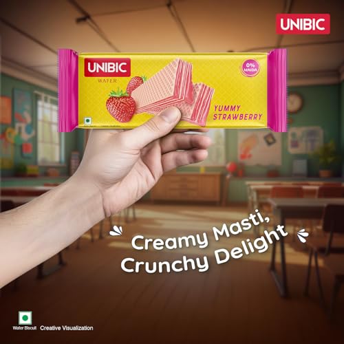 Image of Unibic Yummy Strawberry Wafers-75Gm-Sugar,Refined Wheat Flour (Maida),Edible Vegetable Oil (Coconut) & Interesterified Vegetable Fat,Dextrose,Maize Starch,Milk Solids,Maltodextrin [E1101(1)]