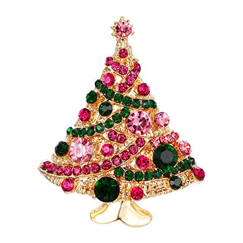 EVER FAITH Streamer Star Christmas Tree Brooch Pin Green w/Pink Austrian Crystal