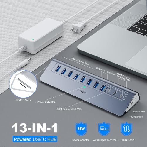Image of Powered USB Hub 10Gbps, Intpw YH9AC Plus 13 Port USB 3.2 Hub(USB A /USB C 3.2+6 USB-A 3.0+2 PD 45W Fast Charging Port+SD /TF Card Reader), 65W Power Adapter,Aluminum USB HUB for PC,Laptop,iPhone 17 /16