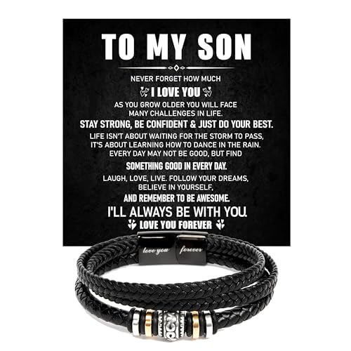 FLAGISTA To My Son Bracelet, Stainless Steel Chain & Braided Leather Bracelet,...