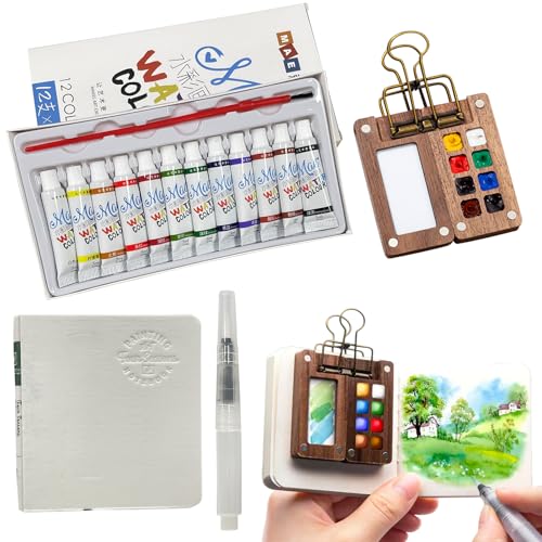 Juego de acuarelas mini caja de acuarela, NlsqEU Travel Aquarellfarben Set 12 colores en caja portátil, paleta de acuarela, paleta de acuarela portátil, mini Travel ideal para artistas y aficionados