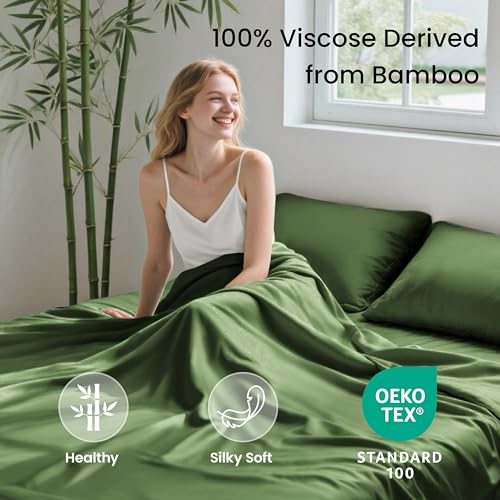 Image of Love's cabin 4 Piece Full Size Sheet Set, 100% Rayon Derived from Bamboo, Cooling & Breathable, Soft Silky Deep Pocket up to 16 inch, Hotel Luxury Bedding for Hot Sleepers, Olive Green