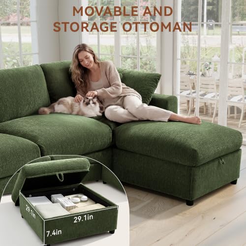 Image of Ihanherry 141 inch Oversized Cloud Sectional Couches for Living Room, Modular Sectional Sofa with Wide Deep Seat, U Shaped Couch with Throw Pillow and Storage Ottoman, Green