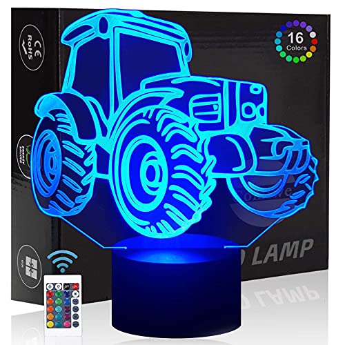 Comiwe Tracteur 3D Illusion Veilleuse Jouets,Décor de Maison LED Lampe de Chevet Table,Tactile & Télécommander 16 Couleurs,Cadeau d'Anniversaire de Noël...