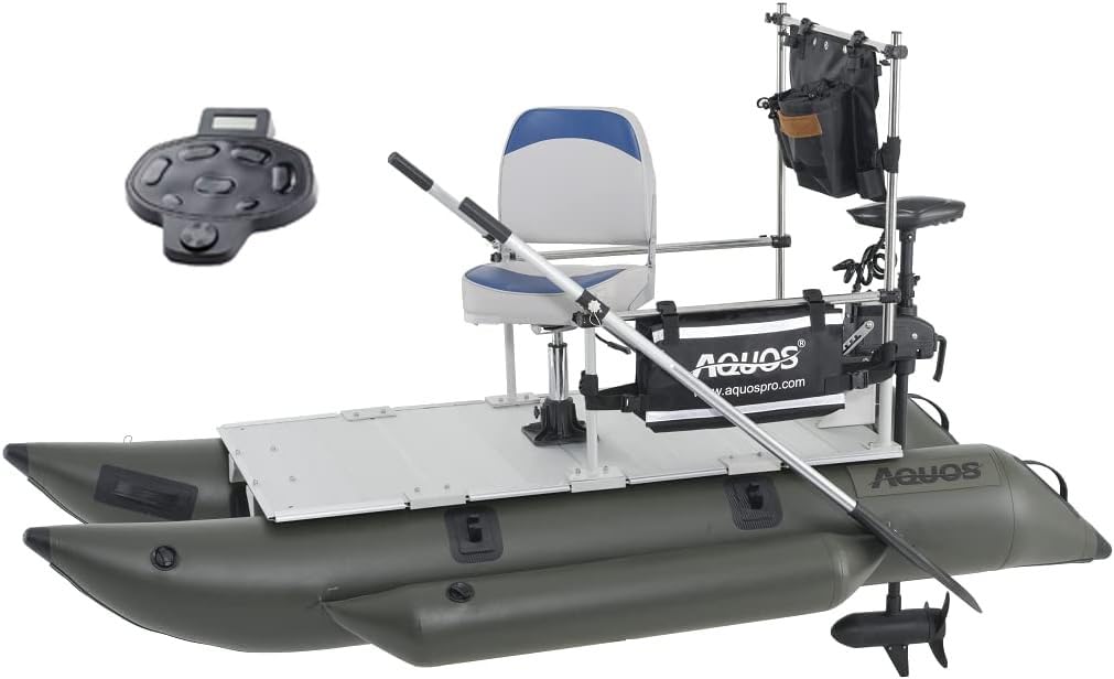 AQUOS Backpack 8.8 ft Inflatable Pontoon Boat with Guard Bar, Folding Seat and Haswing 12V 55LBS Remote and 2.4G Wireless Foot Control Trolling Motor for Inflatable Fishing Boat