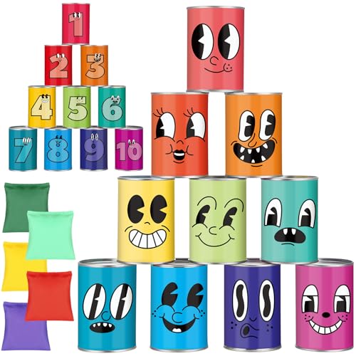 ShinyRelief 20 Pcs of Bean Bag Toss Game Carnival Knockdown Can Throwing Game Sets Including 10 Tin Cans and 10 Bean Bags Suitable for Kids Outdoor Lawn Yard Activities(Funny Style)