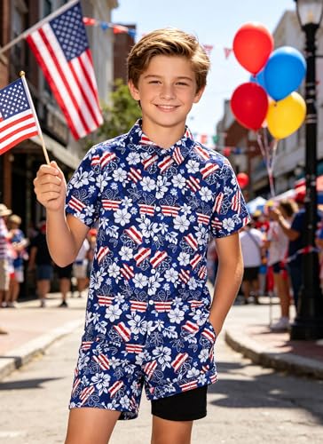 Image of UNICOMIDEA Boys 4th of July Outfits Kids Patriotic Independence Day Tropical Short Sets for 5-12 Years