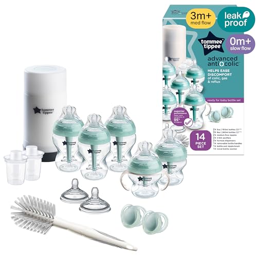 Image of Tommee Tippee Advanced Anti-Colic 14 Piece Baby Bottle, Travel Bottle Warmer & Pacifier Set, 5 BPA Free Bottles, 0+ Months, 2 Newborn Pacifiers, 2 Extra Nipples, Cleaning Brush, Bottle Handles