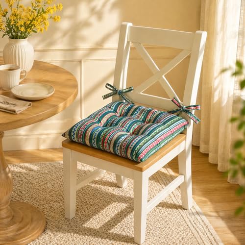 Image of Pack of 2 Washable Reversible Woven Boho Green Seat Cushions with Micro Fiber Filler & Ties for Chair, Floor Sitting, Pooja, Dining Table, Outdoor, Size 16 x 16 Inches | 40 x 40 cm