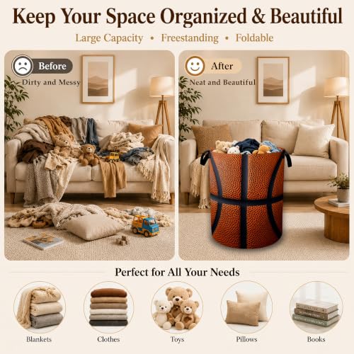 Image of Basketball Texture Laundry Basket with Handles, Foldable Tall Oxford Clothes Hamper, Lightweight Water-Resistant Storage Bin for Bedroom Bathroom College Dorm, 16 x 20.8 Inch