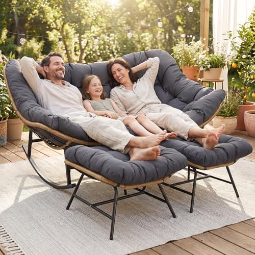 Image of NICESOUL Oversized Double Rocking Papasan Chair with Cushion, 2 Person Big Wicker Outdoor Comfy Recliner, Large Heavy Duty 700 lbs Loveseat for Patio, Balcony, Backyard (Grey, 2 Seats w /Ottoman)