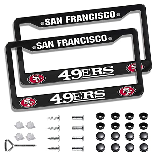2 Piece License Plate Frames for 49ers Fans Anti-Dirty and Rustproof Aluminum Alloy License Plate Frames US Standard License Plate Holder with Screw Caps Set (Black)
