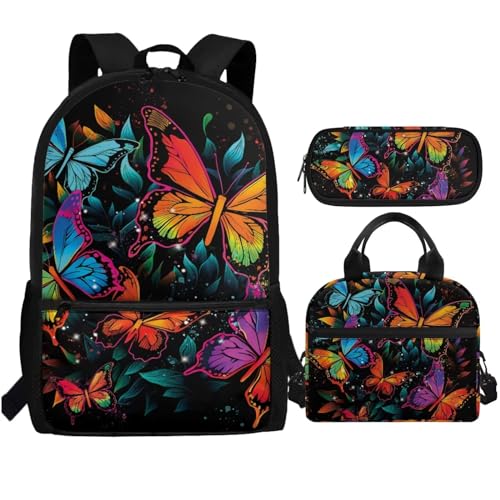 Dreaweet Butterfly Backpack and Lunchbox Combo for Girls Bookbag with Lunch Box Ages 8-10 School Bag Set Cute Pink Book Bag Lunch Tote Bag Pencil Case Pouch 3 In 1