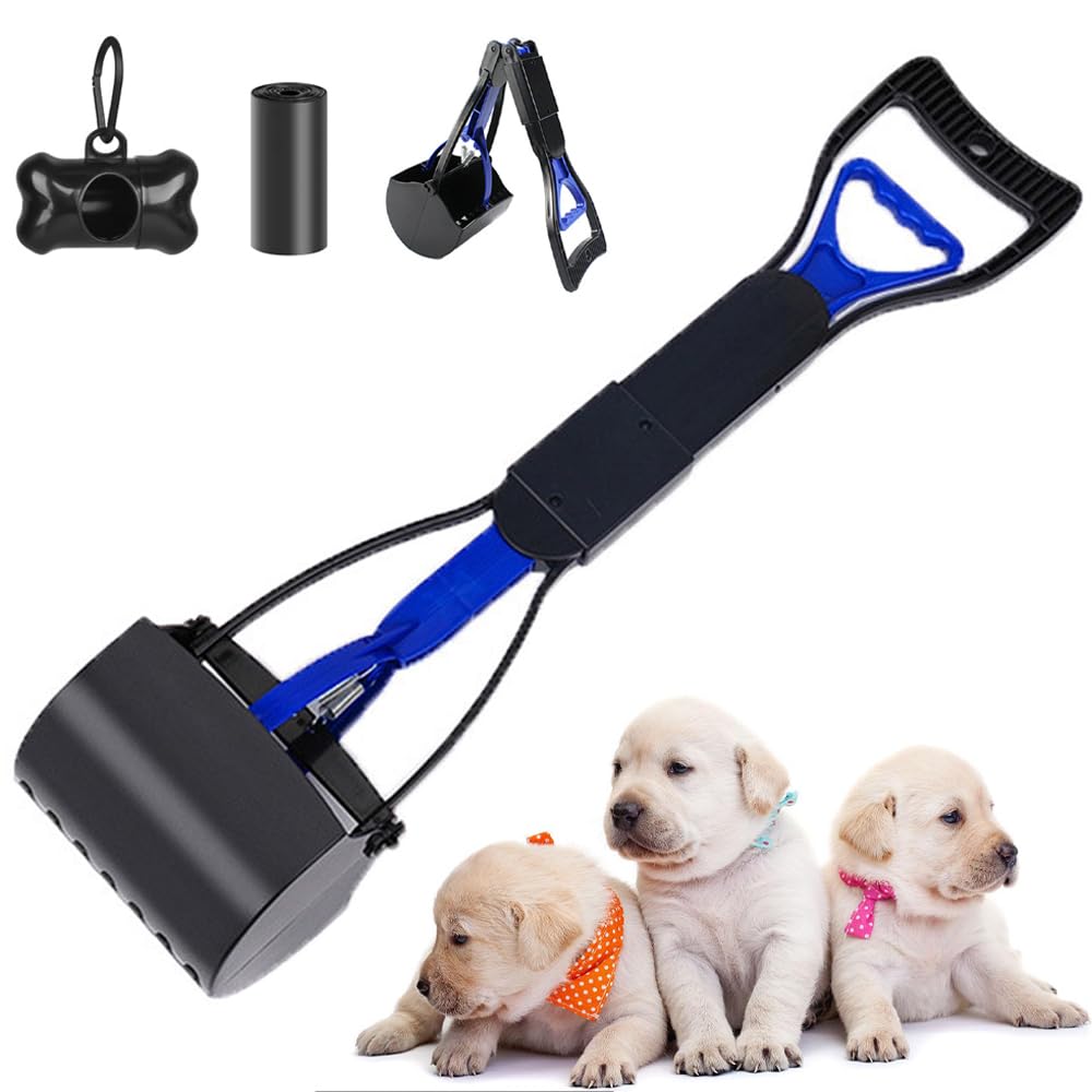Pet Pooper Scooper Set, 45CM Long Handle Walking Poop Remover, Long Handle Portable Foldable Dog Dirt Scoop with Waste Bag for Outdoor/Indoor Pick Up Cat and Small Dog Animal Waste