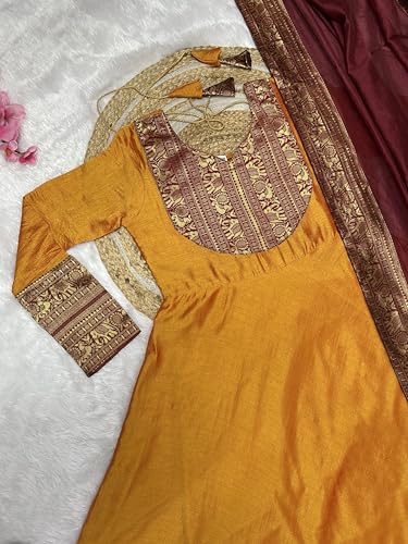 Image of Women's Vichitra Silk Anarkali Gown with Dupatta, Navy Blue Flared Traditional Dress with Magenta Zari Border, Jacquard Weaving Full Sleeves Ethnic Suit