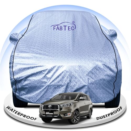 Image of FABTEC Metallic Silver Waterproof Car Body Cover for Toyota Innova Crysta New Sun, UV and Dust Protection with Mirror Pocket (Reflective Silver with Black Piping)