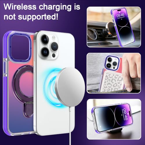 Image of Magnetic for iPhone 14 Pro Case with Stand [Compatible with Magsafe] [Cute Fashion Fluorescent Design] [1 Screen Protector] Slim Translucent Matte Case for iPhone 14 Pro 6.1 inch 2022, Purple