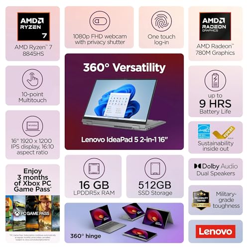 Image of Lenovo IdeaPad 5 2-in-1 16 inch WUXGA Touch Laptop, AMD Ryzen 7 8845HS, 16GB RAM, 512GB SSD, Backlit KB, Wi-Fi6, FP Reader, AMD Radeon Graphics, Windows 11, Luna Grey, w /USB Hub, W /GaLiMu