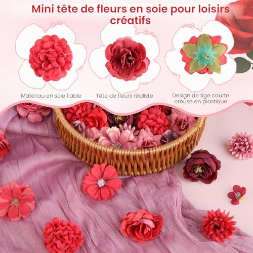 40 Pièces Tete de Fleurs Artificielles, Fausse Fleur avec 10 Styles, Rouge et Rose Mélangée Fleur Artificielle Decoration, Tete de Fleurs en Tissu pour DIY Scrapbooking Guirlande de Mariage Bouquet – vue 3