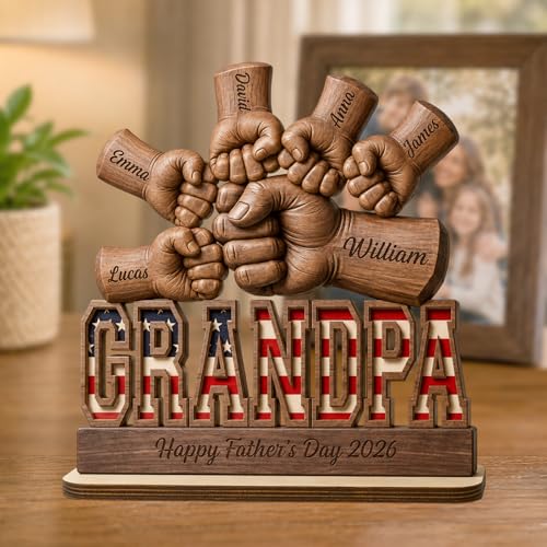 Personalized Fist Bump Grandpa and Kids Name Wooden Plaque, Custom Fathers Day Plaque for Dad...