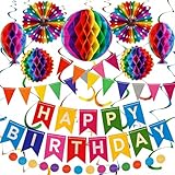 iFunLong Rainbow Reusable Birthday Decoration Set - Happy Birthday Banner, Bunting, Paper Fans and Honeycomb Decorations, Streamers Set, Colourful Paper Rainbow Party Decorations for Girls and Womens